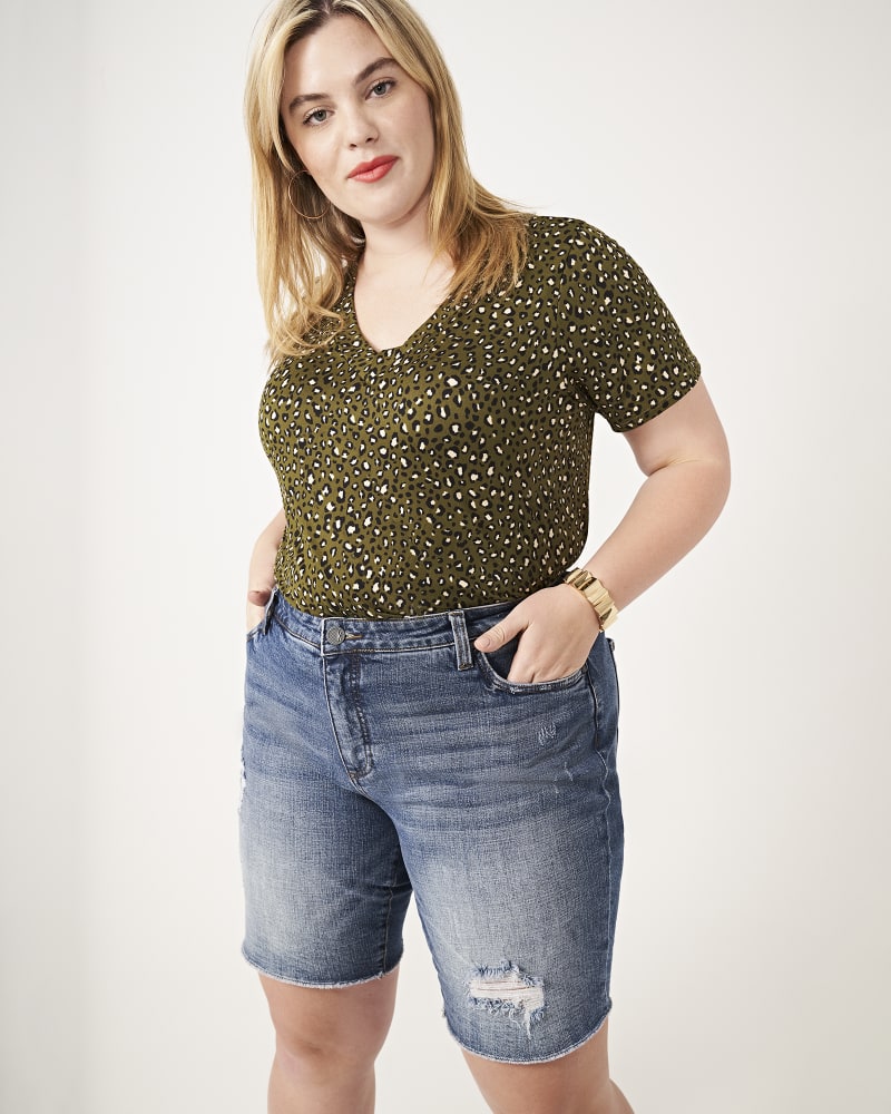 Front of plus size Sophie Frayed Denim Bermuda Shorts by Kut From The Kloth | Dia&Co | dia_product_style_image_id:161699